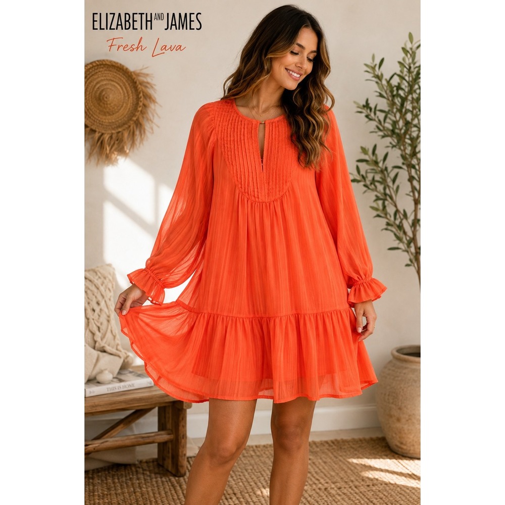 Elizabeth and James Fresh Lava Orange Pintuck Peasant Dress L Boho Ruffle